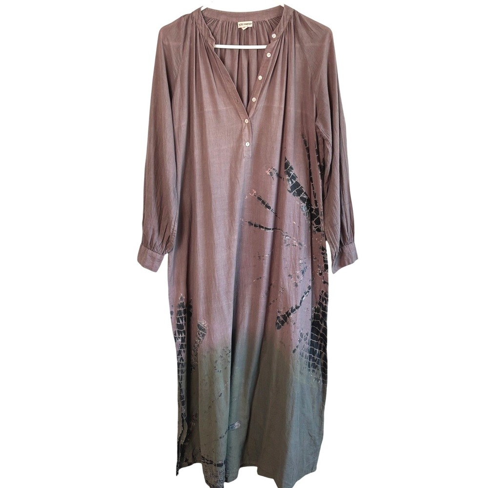 V.De.Vinster‎ Mauve Batik Cotton Henley Midi Dress M Boho Desert Aunt Artsy Luxe